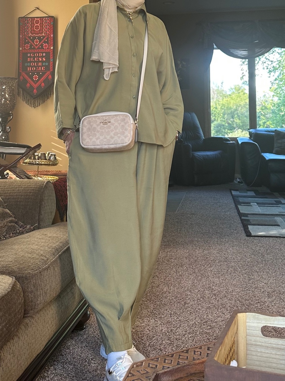 Relaxed Olive Green Matching Set with Light Beige Crossbody
